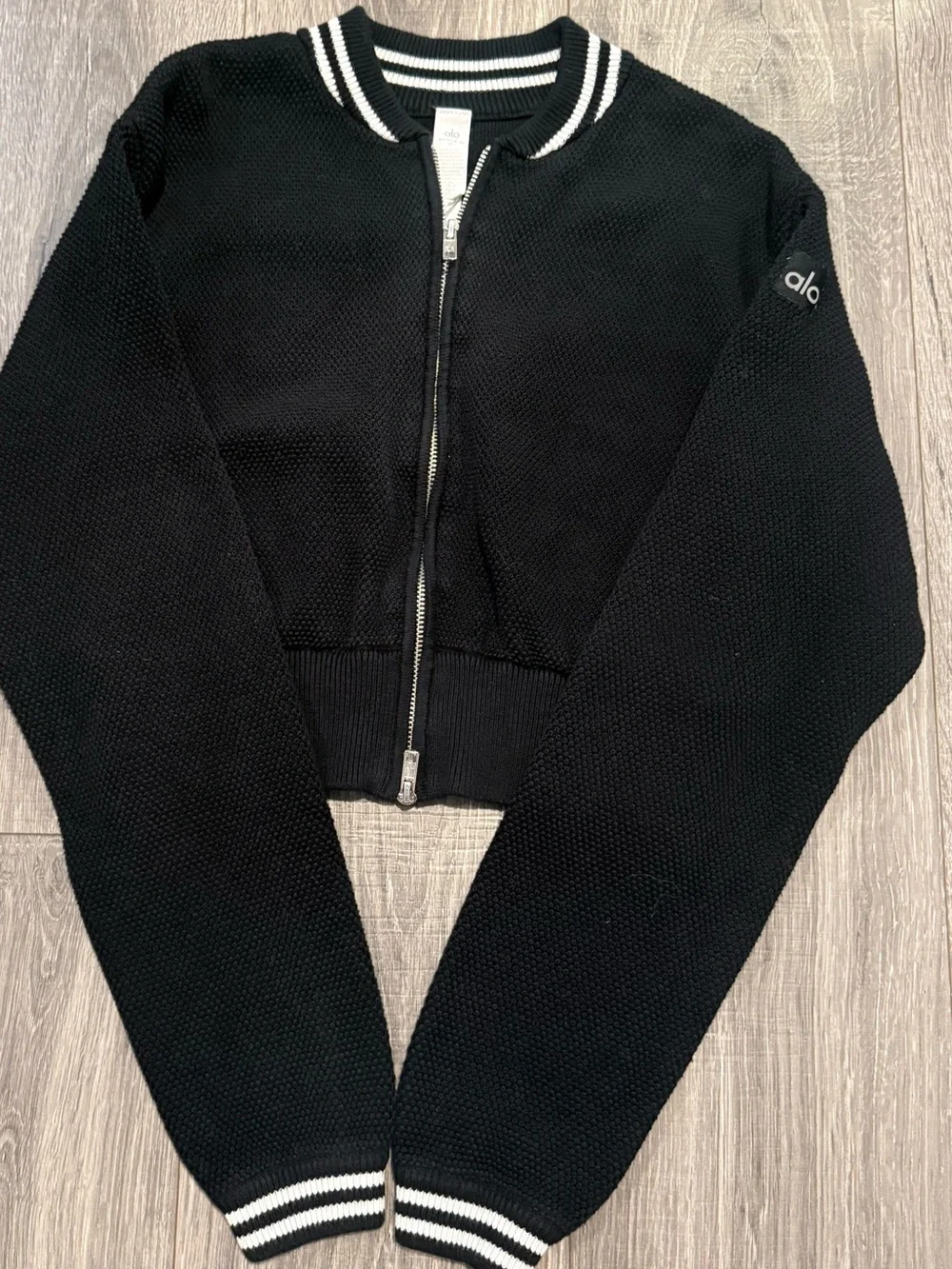 Alo Yoga Tennis Club Sweater Knit Zip Cardigan Black White Women's Size XS